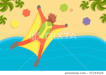 Man Wearing Wing Suit Flying in Sky Under Tropical Beach, Skydiving Extreme Sport Vector 55544426