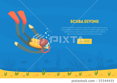 Scuba Diving Landing Page Template, Diver in Swimming Suit, Flippers and Mask Swimming Under Water 55544435