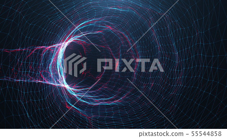 Abstract digital wormhole, tunnel consisting blue and red sparkling particle and lines. Way through 55544858