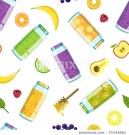 Fresh Smoothies, Vegetables and Fruits Seamless Pattern, Natural Vegetarian Healthy Food Design 55544862