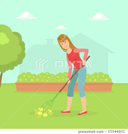 Woman Working in Garden with Rake, Housewife Cleaning Backyard With Gardening Tool Vector 55544931