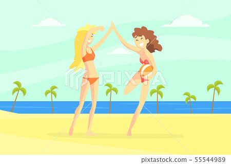 Happy Girls in Swimsuits Having Fun on Beach, Son Enjoying Summer Vacation Vector Illustration 55544989