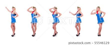 Stewardess pressing virtual buttons in the air Stewardess pressing virtual buttons in the air 55546129