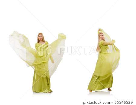 Young woman in elegant long green dress isolated on white 55546529