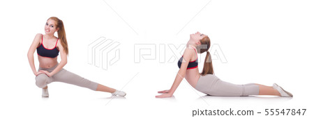 Young woman doing exercises on white 55547847