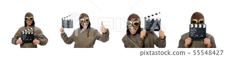Pilot holding movie clapboard on white 55548427