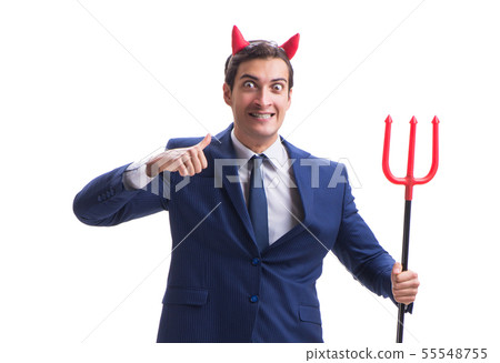 Evil devil businessman with pitchfork isolated on white backgrou Evil devil businessman with pitchfork isolated on white backgrou 55548755