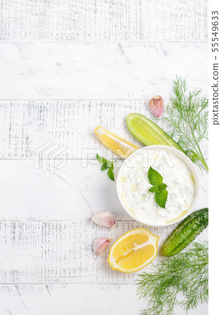 Greek dip sauce or dressing tzatziki Top view 55549633