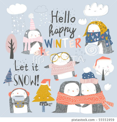 Set of cute penguin characters in winter clothes 55551959