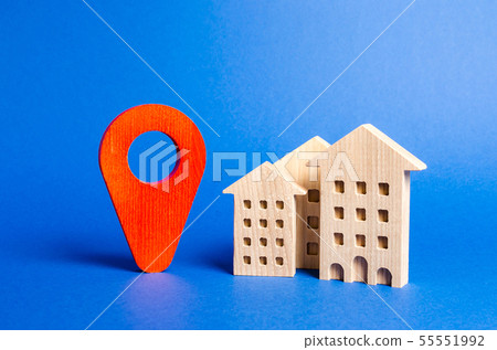 Houses and red navigation pointer pin. location Houses and red navigation pointer pin. location 55551992