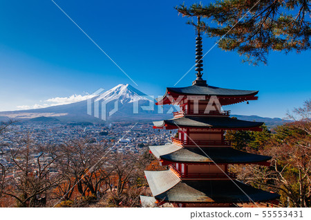 Red Chureito Pagoda and Snow covered Mount Fuji Red Chureito Pagoda and Snow covered Mount Fuji 55553431