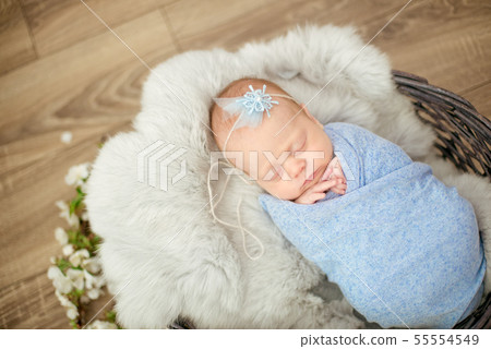 newborn baby girl in blue blanket in a  basket 55554549