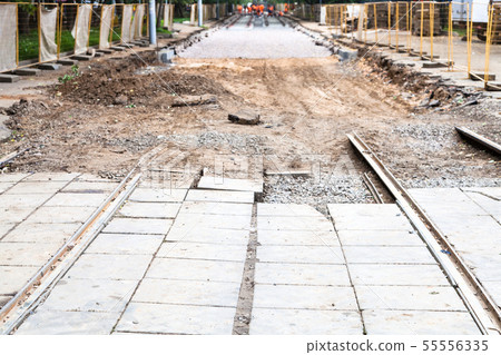 disassembled tram road and laying of new rails 55556335