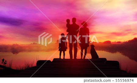 Family on wooden pier at bright sunset background Family on wooden pier at bright sunset background 55556974