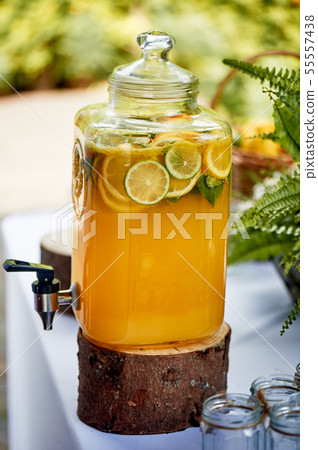 Refreshing lemonade in a steamed-up can. Picnic, catering at the event. 55557438