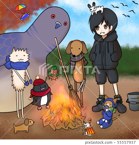 An illustration of a bonfire surrounding everyone with fallen leaves 55557937