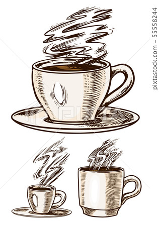A cup of coffee in vintage style. Hand drawn engraved retro sketch for labels. Hot drink. Cappuccino A cup of coffee in vintage style. Hand drawn engraved retro sketch for labels. Hot drink. Cappuccino 55558244