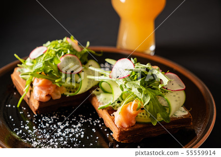 belgian waffle with salmon and radish 55559914