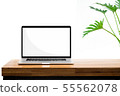 Laptop blank screen on wooden table green plant 55562078