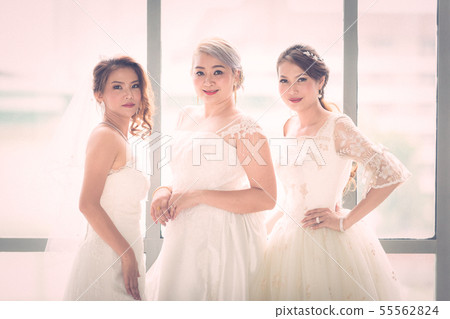 Group of beautiful Asian brides stand and poses.. 55562824