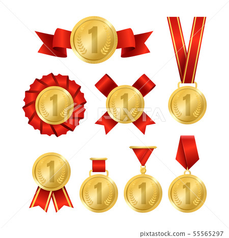 Realistic 3d Detailed Golden Award Medal Set. Vector 55565297