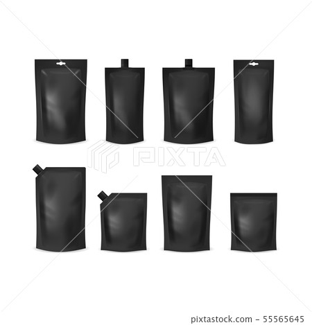 Realistic Detailed 3d Various Black Blank Doypack Template Mockup Set. Vector Realistic Detailed 3d Various Black Blank Doypack Template Mockup Set. Vector 55565645