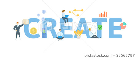 CREATE. Concept with people, letters and icons. Flat vector illustration. Isolated on white CREATE. Concept with people, letters and icons. Flat vector illustration. Isolated on white 55565797