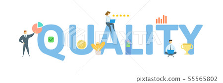 QUALITY. Concept with people, letters and icons. Flat vector illustration. Isolated on white QUALITY. Concept with people, letters and icons. Flat vector illustration. Isolated on white 55565802