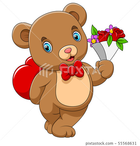 A cute bear with a red heart and flower on hand A cute bear with a red heart and flower on hand 55568631