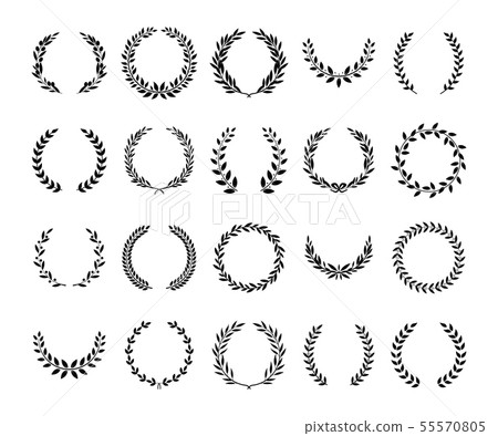 Set of black greek wreaths and heraldic round element with black circular silhouette. 55570805