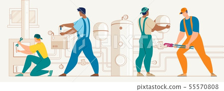 Workers Installing House Heating System Vector 55570808