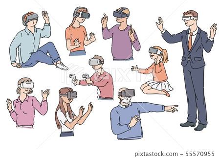 A set of people wearing glasses and a virtual reality helmet, a digital device for playing a game. 55570955