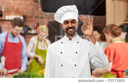 happy male indian chef showing ok at cooking class happy male indian chef showing ok at cooking class 55573803