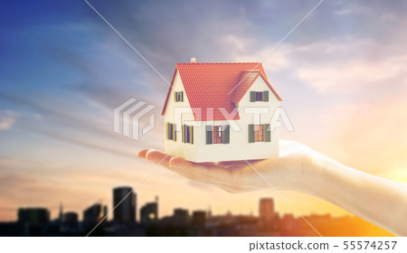 close up of hand holding house or home model 55574257