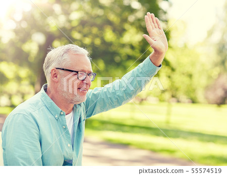 happy senior man waving hand at summer park 55574519