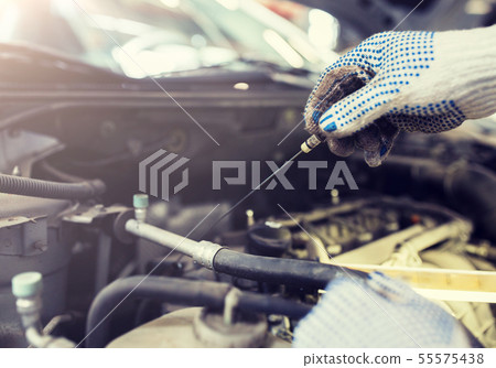 mechanic with dipstick checking motor oil level mechanic with dipstick checking motor oil level 55575438