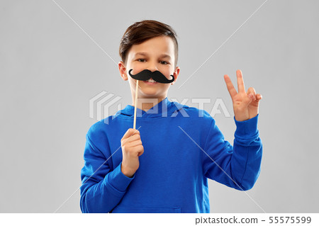 smiling boy in blue hoodie with black moustaches 55575599