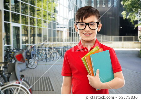 smiling schoolboy in glasses with books smiling schoolboy in glasses with books 55575836