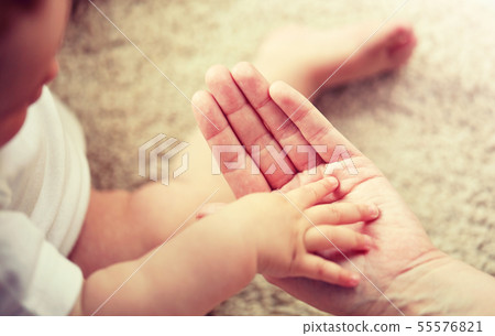 close up of little baby and mother hands close up of little baby and mother hands 55576821
