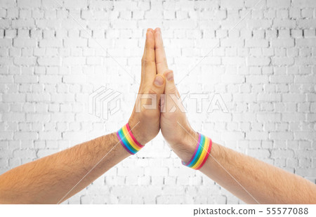 hands with gay pride wristbands make high five 55577088