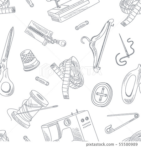 Hand Drawn Sewing Accessories Seamless Pattern, Needlework, Monochrome Design Element Can Be Used Hand Drawn Sewing Accessories Seamless Pattern, Needlework, Monochrome Design Element Can Be Used 55580989