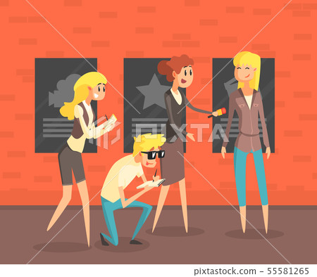 Journalists Interviewing Celebrity, Photorapher Making Photos of Elegant Famous Person, Mass Media Journalists Interviewing Celebrity, Photorapher Making Photos of Elegant Famous Person, Mass Media 55581265