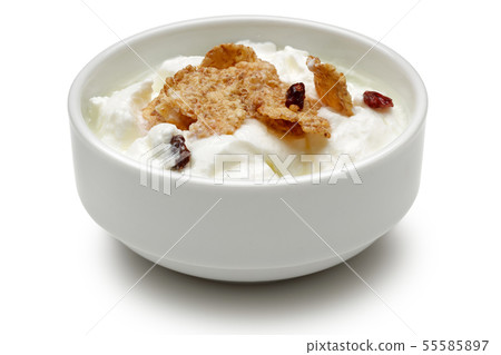 Cereal and yoghurt in bowl isolated on white 55585897