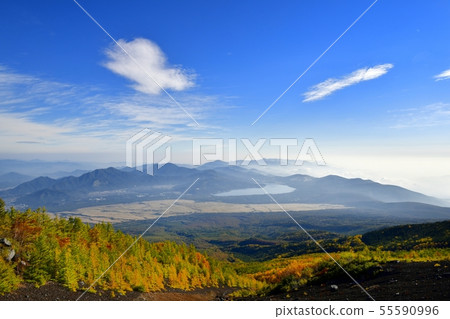 在山和山中湖附近的秋天顏色的富士山和Yoshidaguchi山徑 在山和山中湖附近的秋天顏色的富士山和Yoshidaguchi山徑 55590996