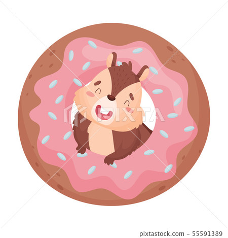 Cartoon cute chipmunk with a huge donut. Vector illustration on white background. 55591389