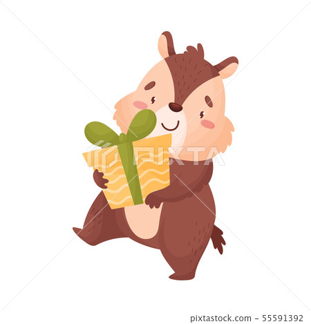 Cartoon chipmunk with a gift. Vector illustration on white background. 55591392