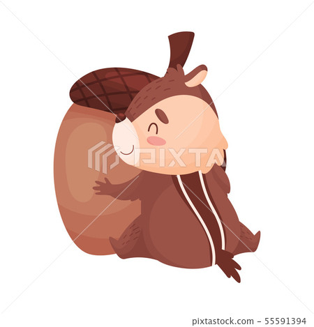 Cartoon chipmunk hugs an acorn. Vector illustration isolated on white background 55591394