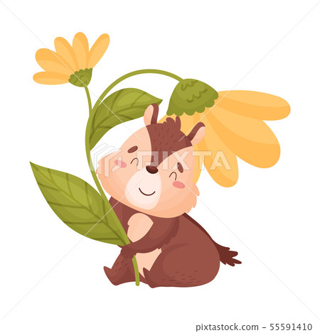 Cartoon chipmunk holding flowers. Vector illustration on white background. 55591410