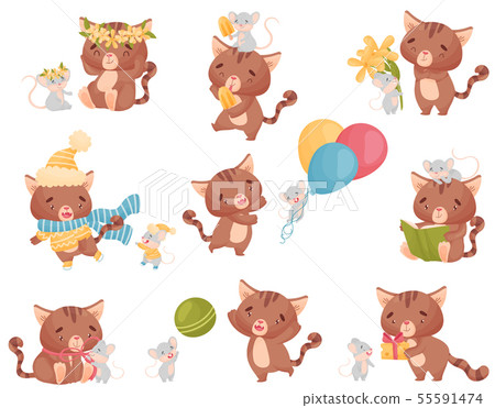 Cute friendly cat and mouse in different situations. Vector illustration on white background. Cute friendly cat and mouse in different situations. Vector illustration on white background. 55591474