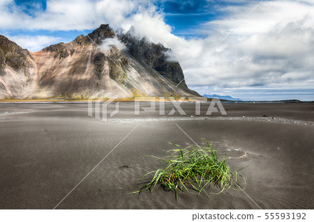 Dramatic sunny day and gorgeous rippled black sand Dramatic sunny day and gorgeous rippled black sand 55593192
